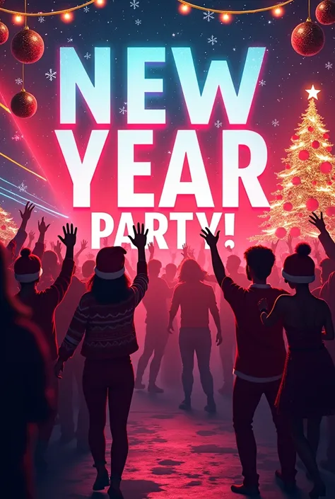  Create a dance party invitation banner. Christmas, Christmas theme. Text in the center .  Text to write  : New year PARTY! 27.12.2024 , 17:00 - 21:00 , Price 100