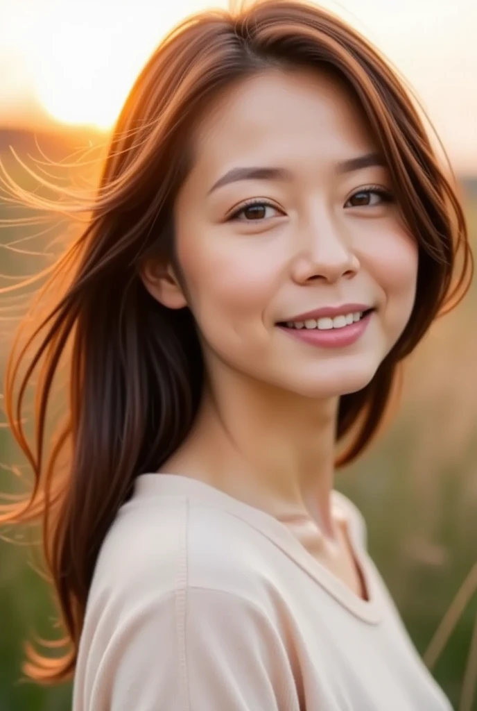  yag, 8k,  High Quality ,  Realistic Photo Images , 39 years old,  Japanese women,  clear , sexy,  recreates natural and realistic eyes, Japanese Stand, Beautiful brown hair is fluttering in the wind,  beautiful lighting arranged in an orderly manner,  Gol...