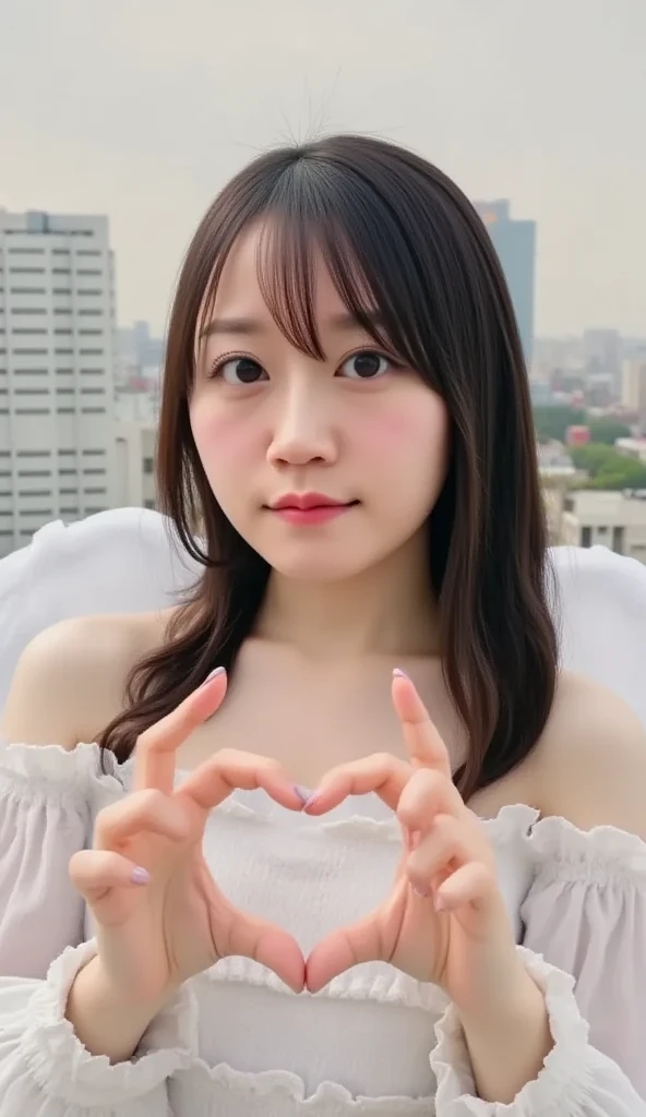  1 woman with a cute smile, Angel halo on head,I have angel wings attached to my back,blouse, Ruffled Skirt ,Make a heart shape with your hands, The background is the Tokyo cityscape,cute female cosplayer,Angel Cosplay

