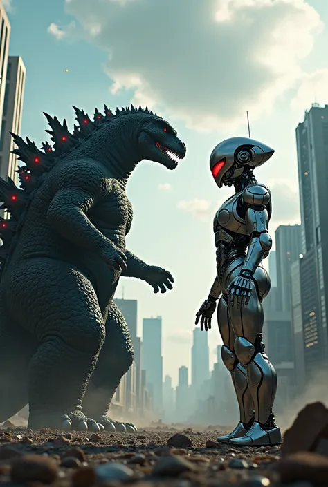 An epic showdown between Godzilla and a futuristic humanoid robot resembling Chitti from Indian cinema. Godzilla, towering with glowing dorsal spines, stands menacingly on one side, its massive tail curling around buildings. Opposite, the sleek, metallic C...