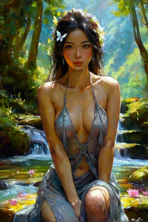 full body, beautiful Thai woman, looking at the camera, wearing a gray leaf strapless dress, fresh and beautiful fantasy embossed leaves, beautiful and exquisite shiny colors, sitting by the stream, background of trees in the Himalayas, wonderfully lush an...