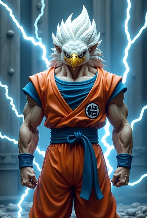 Goku mix with Eagle in bodybuilder and eagle face and goku dress and eagle peak in lightining