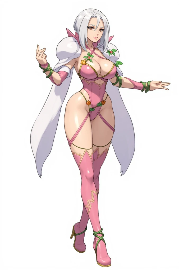 Pokémon: A female beautiful  grass type gym leader trainer that wears a cherry blossom inspired avant garde attire, She has a very avant garde attire, Pink and White colorway. Short White hair. Full body view. small eyes. She has a very small eye shap. She...