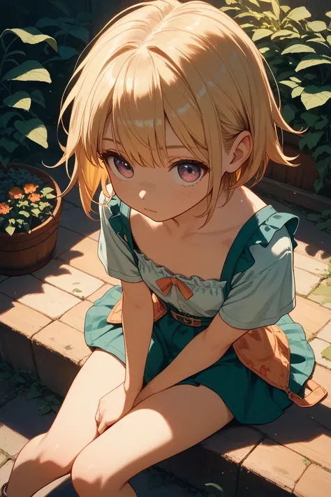 A high-angle view of a young girl sitting slightly askew, wearing a mini frill skirt, with a full-body shot. She has blonde hair and striking odd-colored eyes, with a lazy, relaxed expression on her face. Her posture is casual, with her hands resting on he...