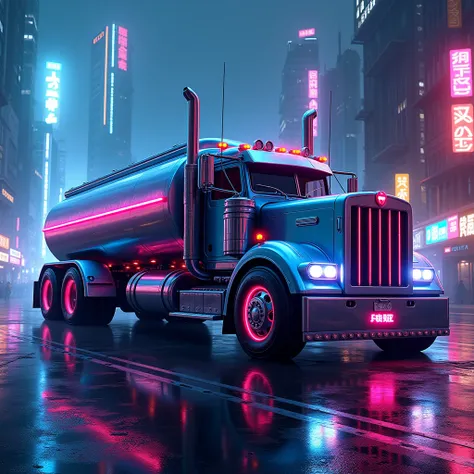 "Create a highly detailed illustration of a futuristic tanker truck with a cyberpunk aesthetic, parked in a neon-lit urban environment. The truck features glowing blue and pink LED accents on its body, tires, and headlights, with a sleek, reflective metall...