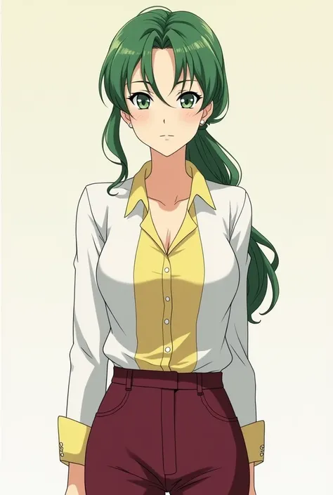 Sakurai sensei, female teacher, mature anime pretty woman, long green wavy hair, side pony, low tied pony tail, white button blouse, yellow shirt inside, dark red jeans trousers, tall, front look, serious face