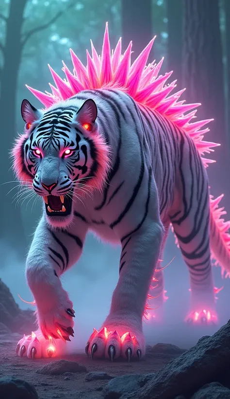 "create 32k image of a dangerous, untamable hybrid creature forged from a snow tiger and a dragon fruit, born from a dark fantasy galaxy. The hybrid’s body exhibits the raw, predatory power of a massive snow tiger fused with the vibrant, mystical essence o...