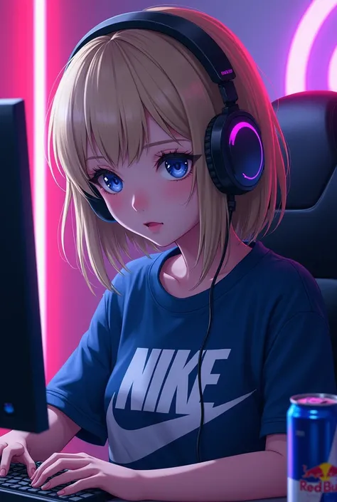 anime
Woman shoulder-length dark blonde hair without bangs 
blue eyes
Redbulldose next to it
Right nose piercing
Wears a Nike shirt with Nike lettering 
Gaming with headset