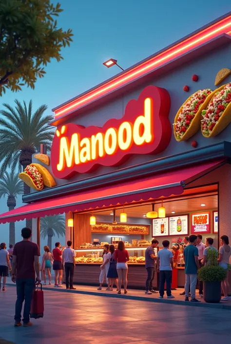 i need image for fast food centre and this center name is MANooD then the image including fast foods and tacoos and any cold water maybe fanta pepsi the image be logo