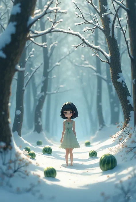 Girl with black short hair and black eyes in the snow forest with small watermelons 