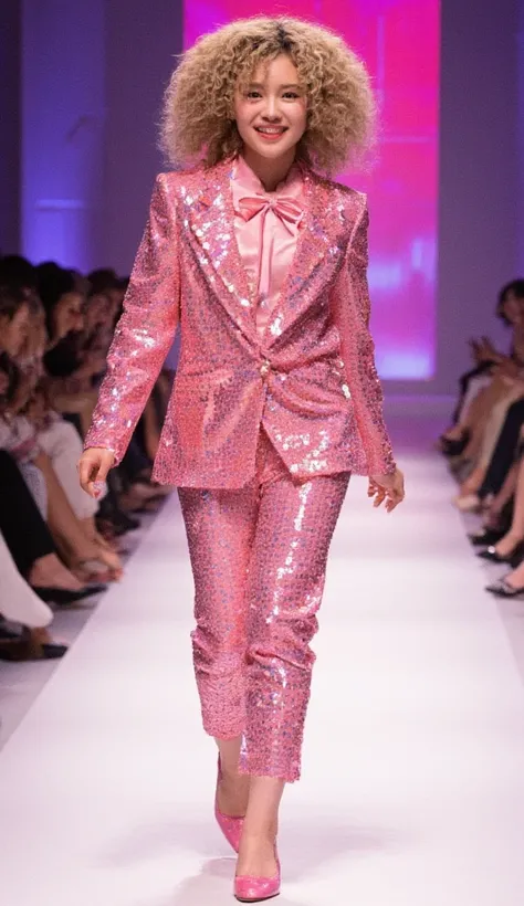 Create an illustration of a cute  walking confidently down a runway, wearing a sparkling pink sequin suit with a matching bow. The  has curly hair and is smiling, surrounded by a vibrant fashion show atmosphere.