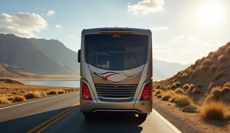 "An straight back view from the back of a luxurious Dreamliner motorhome, designed for ultimate comfort and elegance. The motorhome features..."
