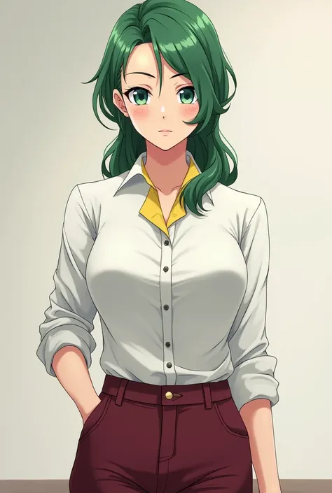 Sakurai sensei, female teacher, mature anime pretty woman, long green wavy hair, side bang hairstyle, low tied pony tail, white button blouse, yellow shirt inside, dark red jeans trousers, tall, front look, serious face