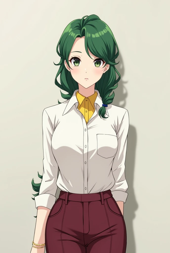 Sakurai sensei, female teacher, mature anime pretty woman, long green wavy hair, side bang hairstyle, low tied pony tail, white button blouse, yellow shirt inside, dark red jeans trousers, tall, front look, serious face