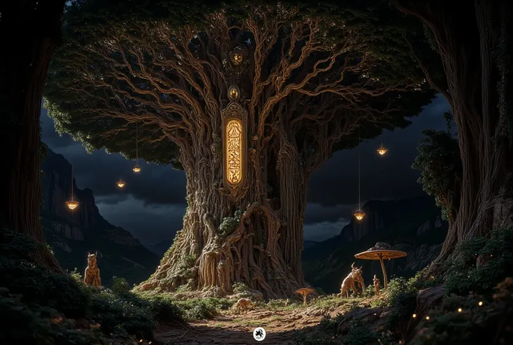 A highly detailed illustration of a majestic banyan tree from an ants perspective, set in a dark fantasy nighttime scene. The trees sprawling roots, thick, gnarled trunk, and cascading aerial prop roots are illuminated by an eerie, otherworldly glow. The d...