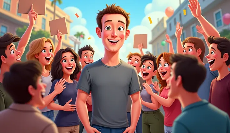 Mark Zuckerberg surrounded by fans, cheerful, Disney cartoon