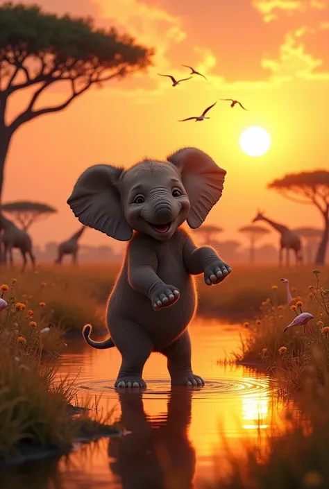 An ultra-realistic baby elephant standing upright on its hind legs, joyfully dancing and looking directly at the camera with wide, playful eyes and flapping ears. The baby elephant’s round, soft belly and tiny tusks add an irresistible charm. The setting i...