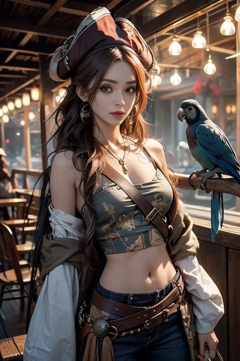 female pirate、 Jack Sparrow style、 beautiful women、 put a parrot on your shoulder 、 beautiful womenで可愛い、 sexy、masterpiece、 top quality 、