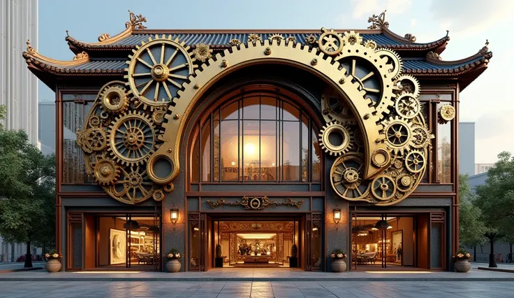 Building façade design， steampunk， Building facades inlaid with lots of metal parts ，Building facades inlaid with gears ，Mechanical pavilions ，部分建筑屋顶改造成“Mechanical pavilions ”， Add movable gears and dynamic decorations ， such as rotating fans or robotic bi...