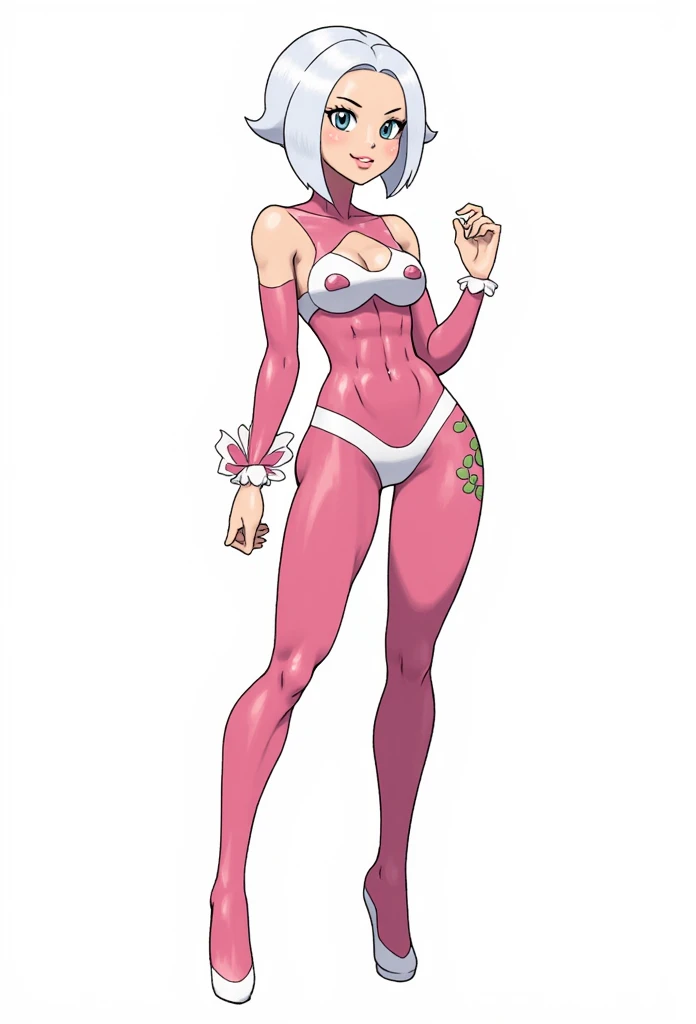 Pokémon: A female beautiful  grass type gym leader trainer that wears a cherry blossom inspired avant garde attire, She has a very avant garde attire, Pink and White colorway. Short White hair. Full body view. small eyes. She has a very small eye shap. She...