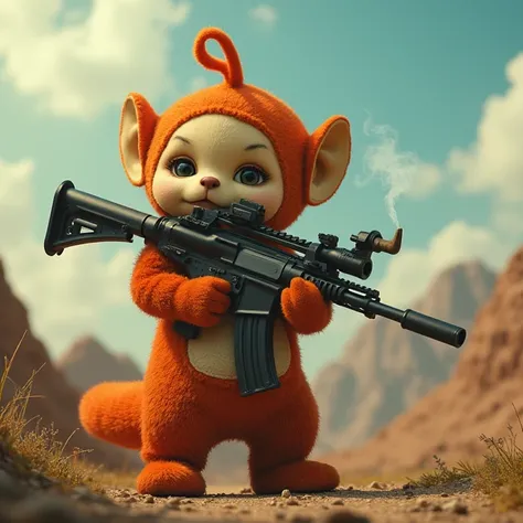 A teletubbie with Conkers head with a machine gun in his hand and a joint in his mouth