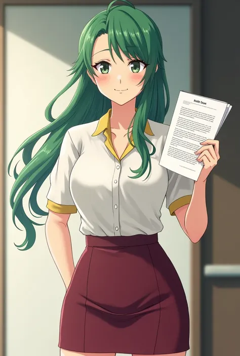 Sakurai sensei, female teacher, mature anime pretty woman, long green wavy hair, side bang hairstyle, low tied pony tail, white button blouse, yellow shirt inside, dark red tight mini skirt tall, front look, smiling face, show bill of divorce to camera, th...