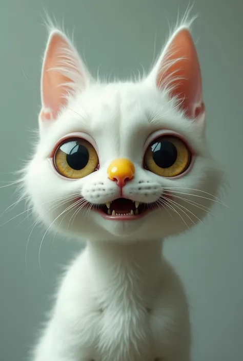 there is a white cat with a yellow spot on its face, with a big head and big eyes, a look of horror in its eyes, looking at the camera, looking straight at the camera, looking straight at the camera, looking straight at the camera, looking at the camera, b...