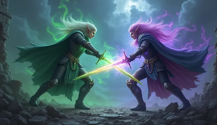 Create a 4K, highly detailed illustration of two elven knights engaged in intense combat. The first knight, with piercing green eyes, wields a radiant green sword. The second knight, with vibrant purple eyes, holds a shimmering purple sword. The knights cl...