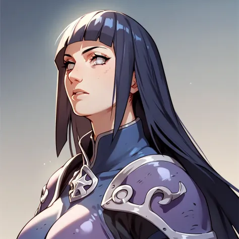 A girl with a a dark blue hime cut hairstyle, white eyes, large breasts, slender and curvaceous body, wearing a purple armor