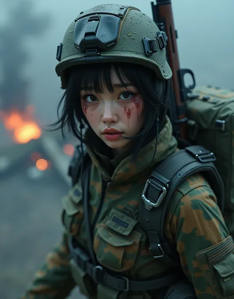  photorealistic,  super real , (  very beautiful Japanese ,  famous Japanese idols:1.3), (Ready for battle :1.5),  large assault rifle on the back , (Experienced Army paratrooper:1.5),( She is about to parachute on an Army skydiving mission at night:1.5), ...