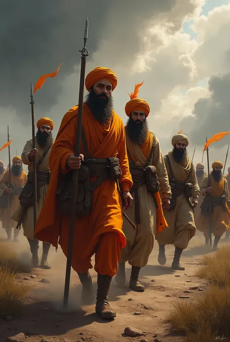 A dramatic scene showing Guru Gobind Singh Ji’s two older sons and 40 Sikh warriors arriving in Chamkaur on 21st December. The group is depicted in traditional Sikh warrior attire, with determined expressions on their faces as they approach the battlefield...