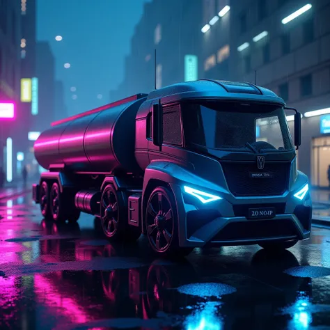 "Create a futuristic, anonymous tanker truck with a sleek, unbranded design, glowing neon blue and purple lights accenting its streamlined metallic body. The truck should have a robust yet elegant appearance, with smooth contours and futuristic headlights....