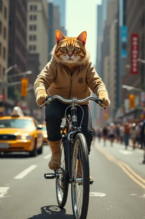 A cat is riding a bicycle in New York City.

