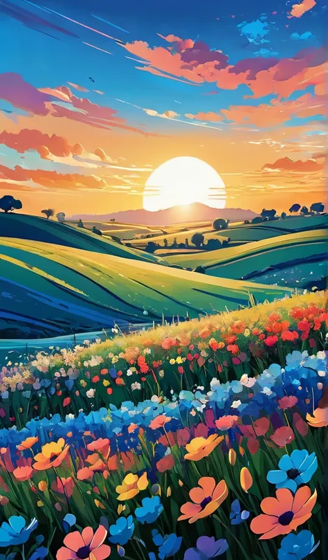 masterpiece,  illustrations, A field of flowers in full bloom ,  under the blue sky,  full of serenity and beauty, sunset,  silhouette, Abstract, No_humans, Rolling Hills, 