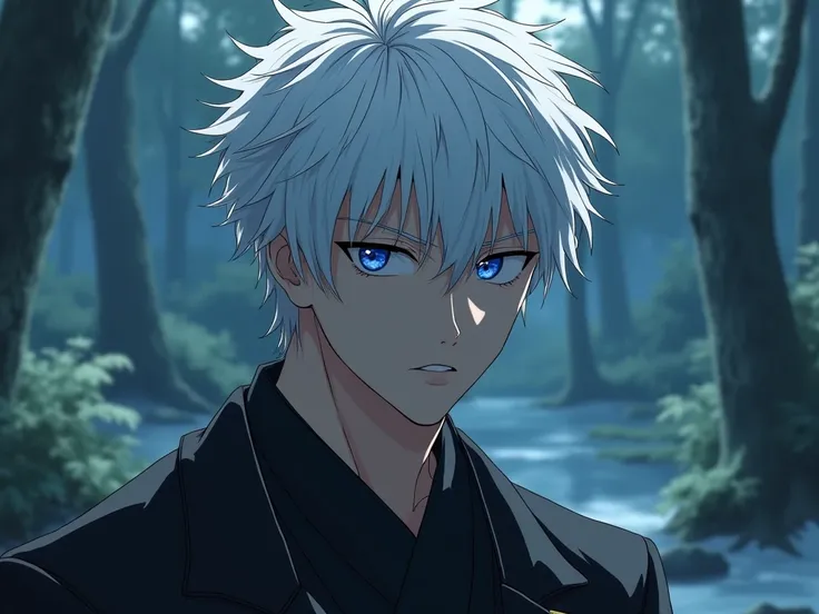 Satoru Gojo, white hair, blue eyes character from jujutsu kaisen,in ultra realistic style, majestic environment,in an epic cinematic and dramatic scene, Badass stare best quality, Satoru Gojo, White hair,  expressive blue eyes,  Jujutsu Kaisen , Alone, sex...