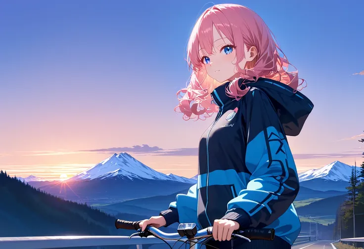  A young anime girl with long, curly pink hair, wearing a thick jacket and warm sweater, stops her bicycle at the edge of a mountain road, gazing at the breathtaking sunset view, serene expression, blue eyes, vibrant pastel colors. Candid shot from the sid...