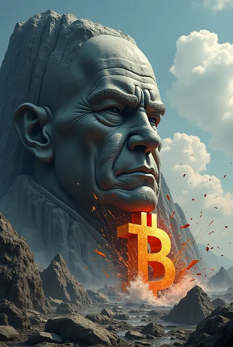 A giant rock with Jerome Powells face crashing into a Bitcoin, causing it to shatter and the price chart to plummet.