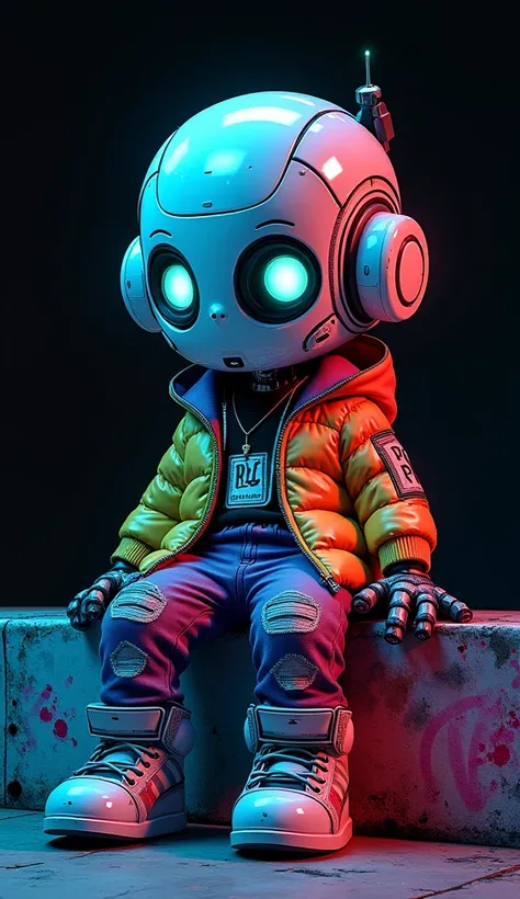 Completely black background, thumbnail image, mini cute chibi robot,  anime style., Dressed in multi colored hip hop clothing., Sitting on a graffiti wall , cyan neon lights, abstract image, UHD, Masterpiece, Accurate, Anatomically correct, textured skin, ...