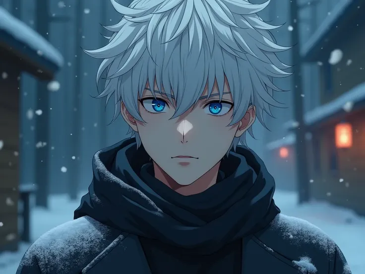 Satoru Gojo, white hair, blue eyes character from jujutsu kaisen,in ultra realistic style,  Christmas environment ,in an epic cinematic and wonderful scene, Badass stare best quality, Satoru Gojo, White hair,  expressive blue eyes,  Jujutsu Kaisen , Alone,...