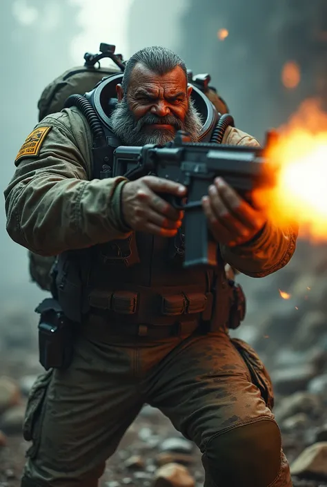 (a dark-skinned bearded fat muscular old man in a bulky army camouflage zipper diver suit) shooting with a gun, (wearing a small-sized realistic roaring tiger mask), dynamic action pose, fierce expression, showcasing an imposing stature, surrounded by mili...