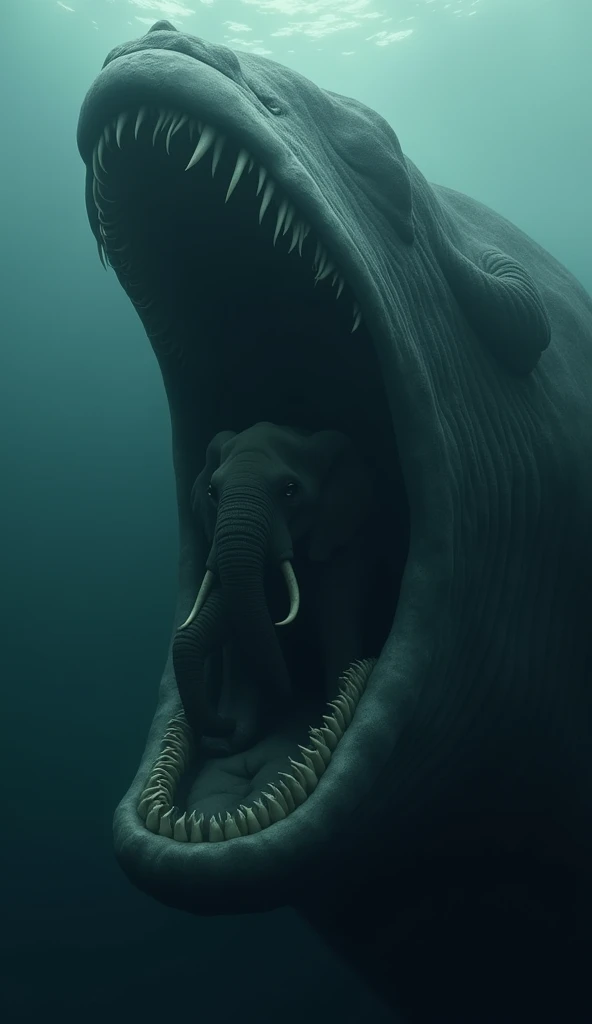 A helpless elephant sits in the mouth of a humpback whale in the deep background of the sea. 