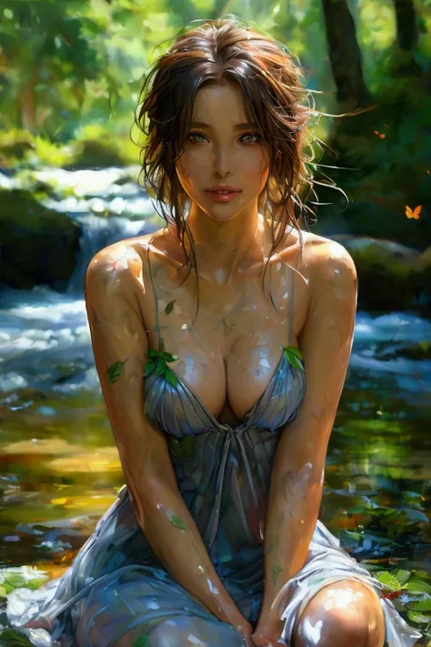 full body, beautiful  woman, looking at the camera, wearing a gray leaf strapless dress, fresh and beautiful fantasy embossed leaves, beautiful and exquisite shiny colors, sitting by the stream, background of trees in the Himalayas, wonderfully lush and gr...