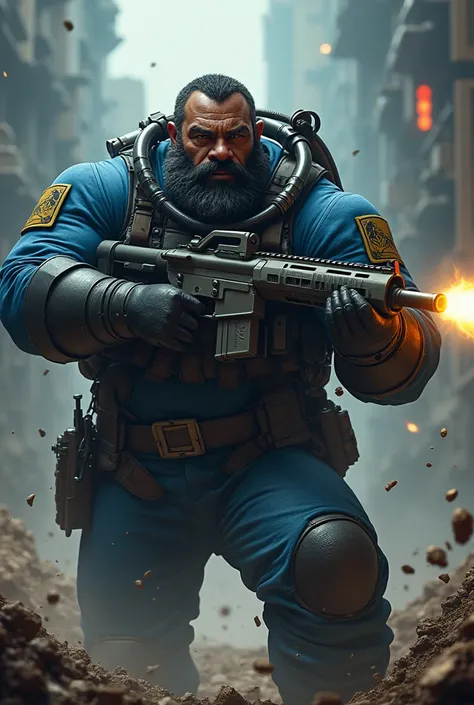 (a dark-skinned bearded fat muscular old man in a bulky blue zipper diver suit) shooting with a gun, dynamic action pose, fierce expression, showcasing an imposing stature, surrounded by military elements, dramatic shadows and intense highlights, cinematic...