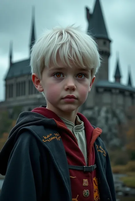 A young boy with red eyes and white hair is attending Hogwarts School of Witchcraft and Wizardry.