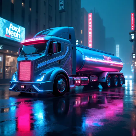 "Design a futuristic tanker truck in a cyberpunk style, illuminated with glowing neon blue and pink lights. The truck should have a sleek, aerodynamic design with reflective metallic surfaces, intricate LED patterns, and futuristic emblems. It is set in a ...