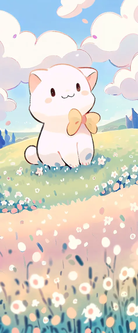 cartoon cat and kittens In a field of flowers with a sky background, Animated visual of cute cats, Kawaii cat, Cute cat, Lovely artwork, sitting In a field of flowers, In a field of flowers, Cute anime, Soft anime illustration, by Eizan This is a gift, Ill...