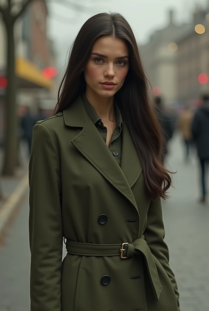 A girl wearing an olive coat
