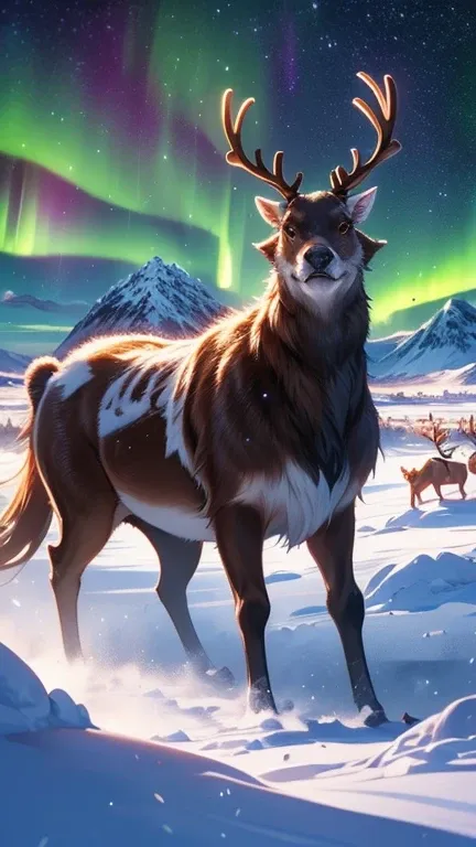 A dramatic fantasy artwork featuring the Reindeer Barbarian standing powerfully atop a snowy hill under a dark, starry sky illuminated by the aurora borealis. The Reindeer Barbarian wears rugged brown armor with antler-like decorations, inspired by a reind...