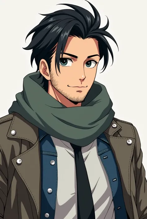 make a portrait of a anime man with a greyish brown leather jacket and triangular greyish green scarf, and under that is a open blue jean jacket with a white t-shirt and a black tie. black slicked back hair, black eyes, mole underneath the eye, with beard,