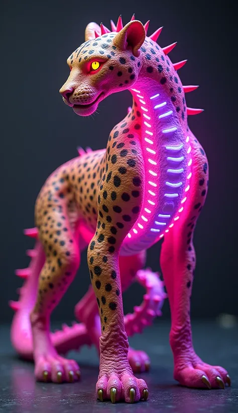 create 32k high-resolution, ultra-detailed, and photorealistic image of a dangerous hybrid creature resulting from the fusion of a leopard and a dragonfruit. The creature exhibits a massive, muscular build, fusing the leopards sleek, agile form with the vi...